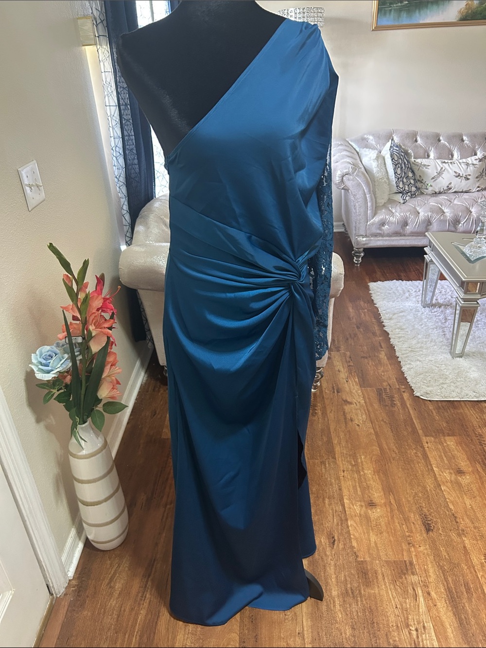 SHEIN Teal Blue One-Shoulder Satin Gown with Side Knot